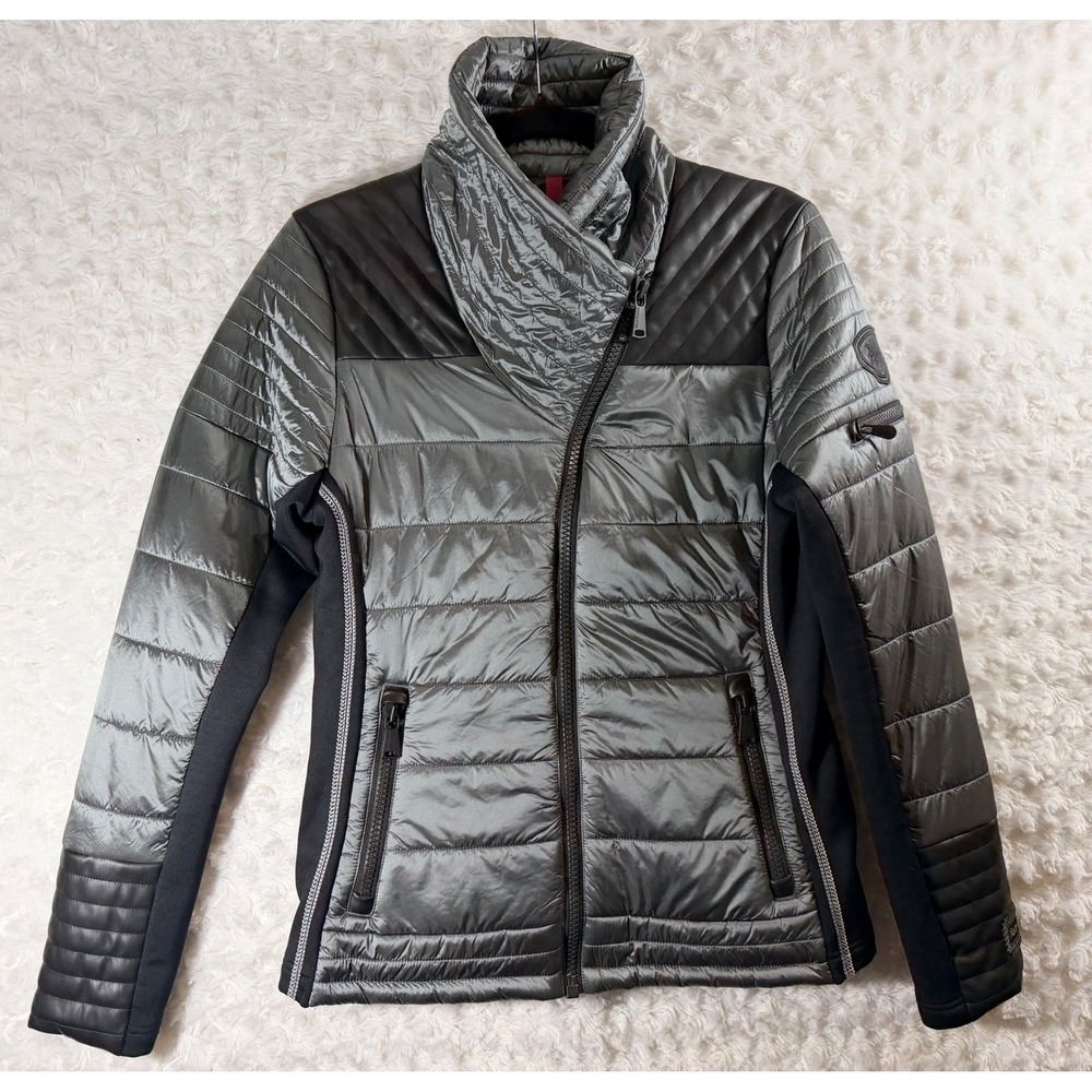 Alp N Rock Womens Small Quilted Puffer Jacket Metallic Grey Black Asymmetric Zip
